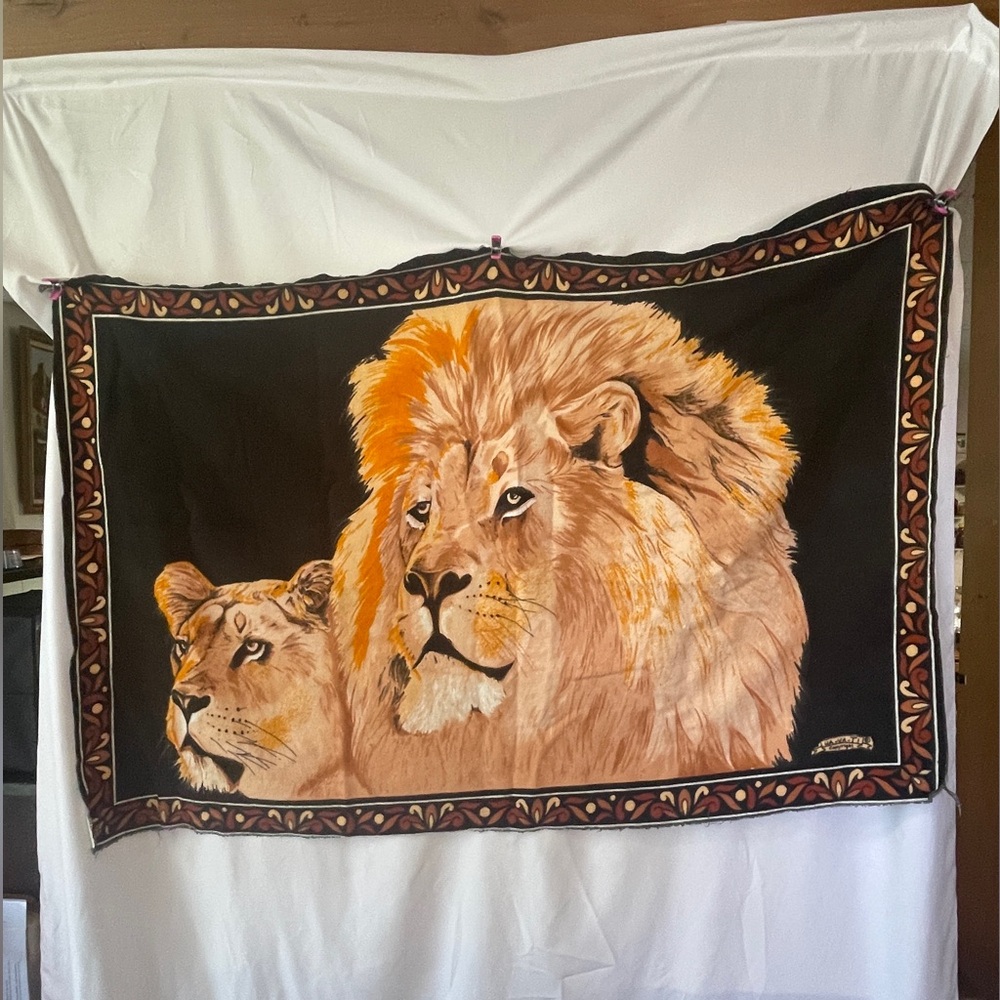 Vintage HA-VA-TI cotton tapestry.  Two lions.  1970’s wall covering art